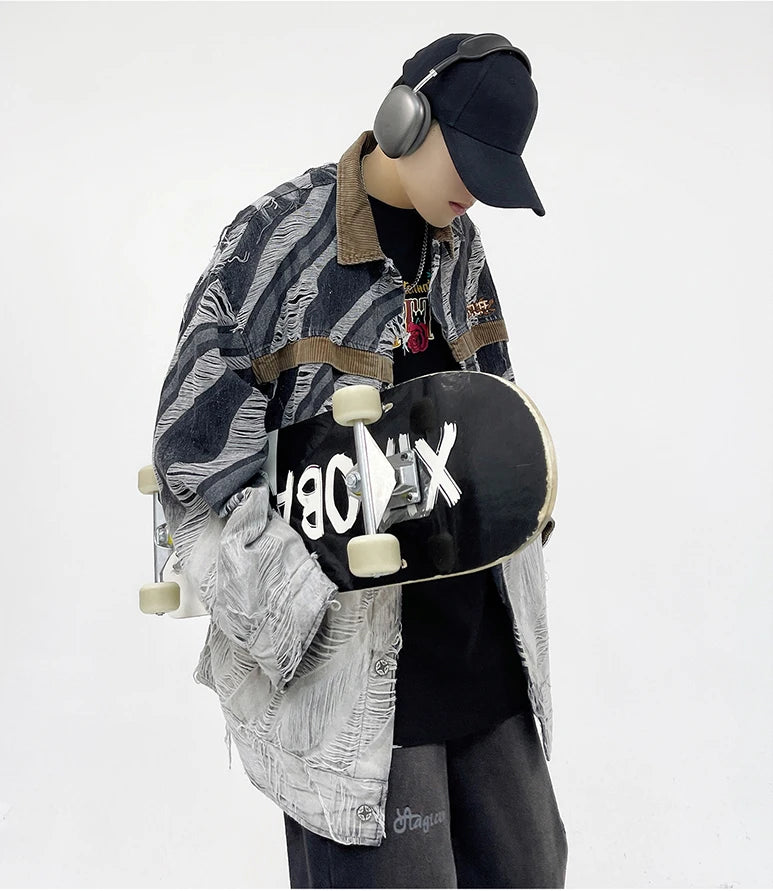 zebra printed harajuku denim jacket and coat mens hip hop patchwork ripped holes jeans outerwear casual streetwear jeans jackets unique jeans style 4692
