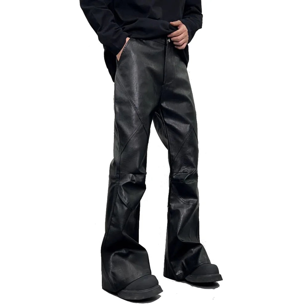 men streetwear fashion hip hop punk gothic vibe casual leather bell bottoms pant man boyfriend flared trousers clean everyday pants