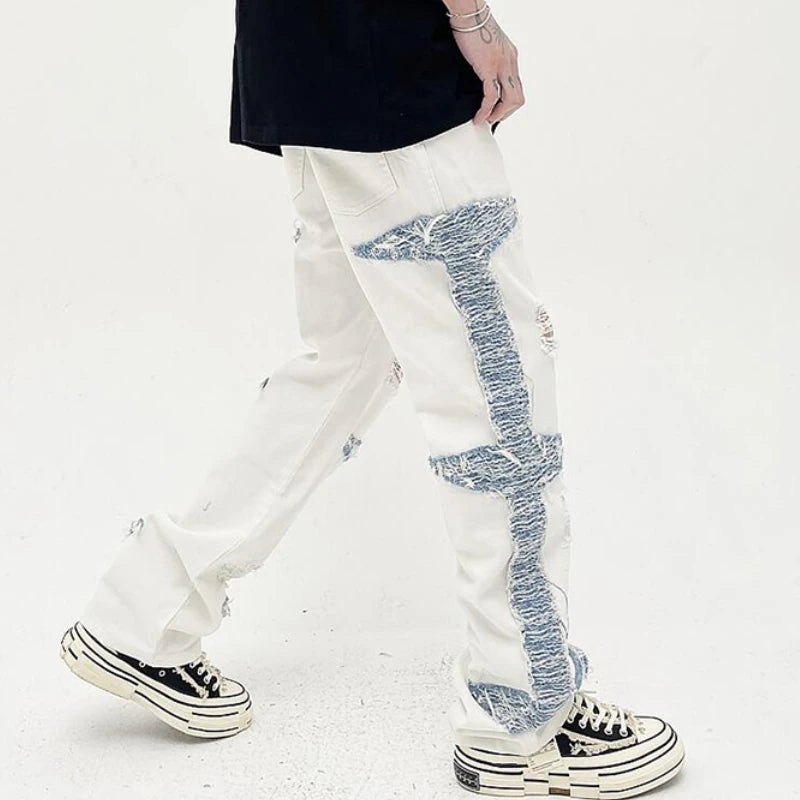 mens high street denim jean pants casual loose destroyed ripped holes straight jeans side patchwork hip hop streetwear joggers urban active pants