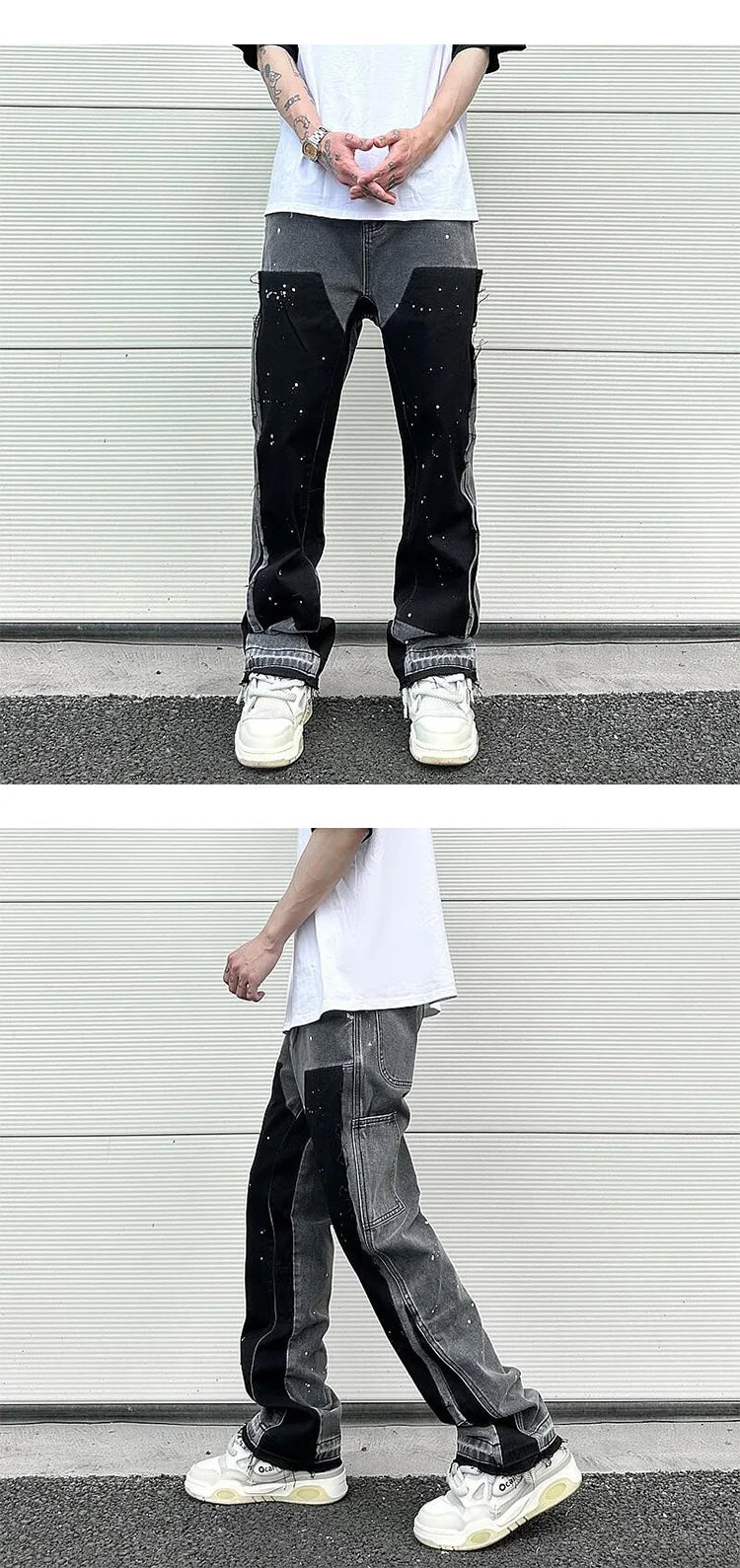 Harajuku Black Graffiti Flared Jeans Pants Patches Hip Hop Splashed Ink Wide Jeans Trousers Blue Slim Fit Washed Jeans for Men Street King Limited