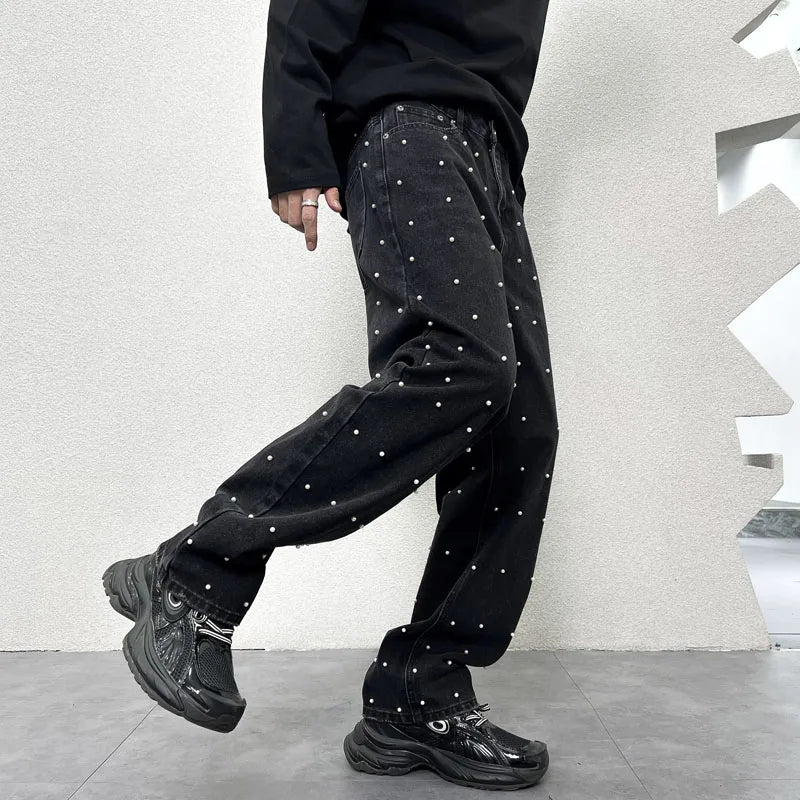 men bead streetwear fashion hip hop vibe loose casual wide leg straight denim jeans baggy pant man boyfriend jeans trousers unique jeans style 2880