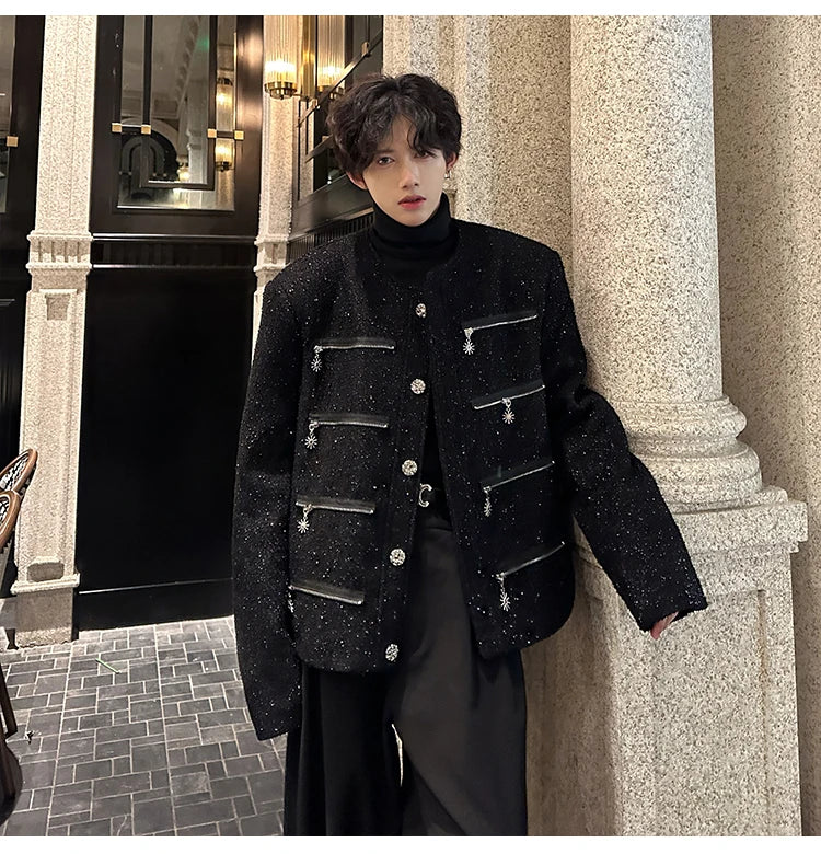 multi zipper sequin woolen jacket men french retro fashionable casual christmas jacket spring autumn coat stage show clothing unique default style 1451