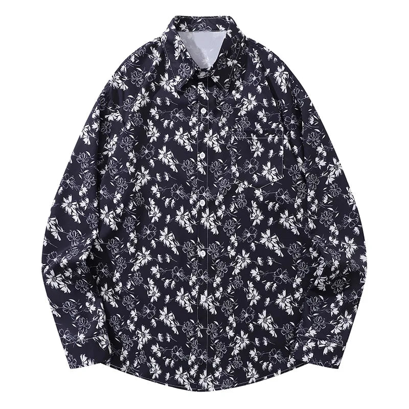 Men Long-Sleeved Shirt Japanese Retro Floral Printed Blouse Coat Oversize Loose Casual Tops Single Breasted Versatile Clothing Street King Limited