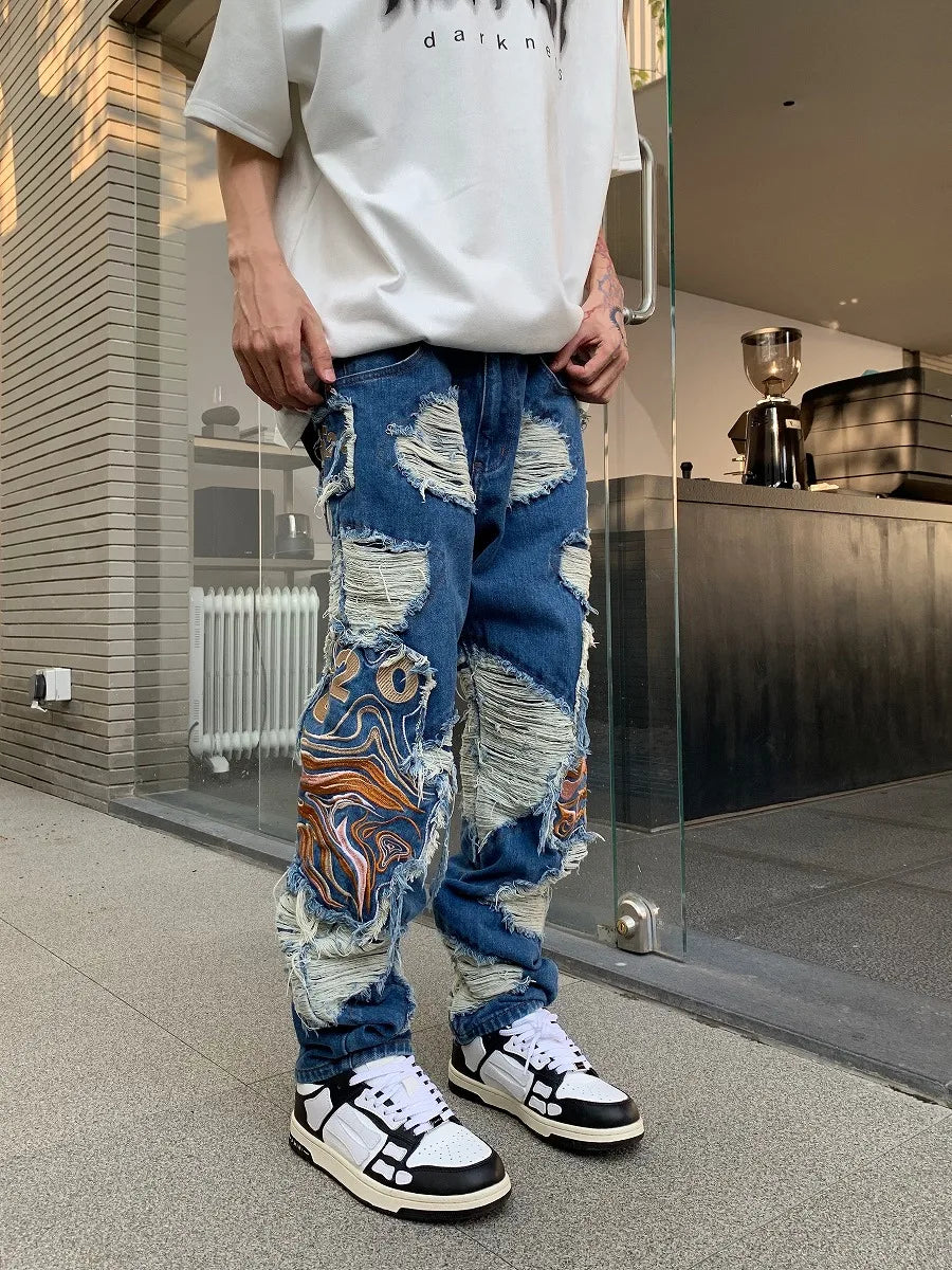 fashion embroidery destroyed ripped tassel holes denim jean pants mens casual loose straight jeans hip hop streetwear joggers unique joggers style 3338