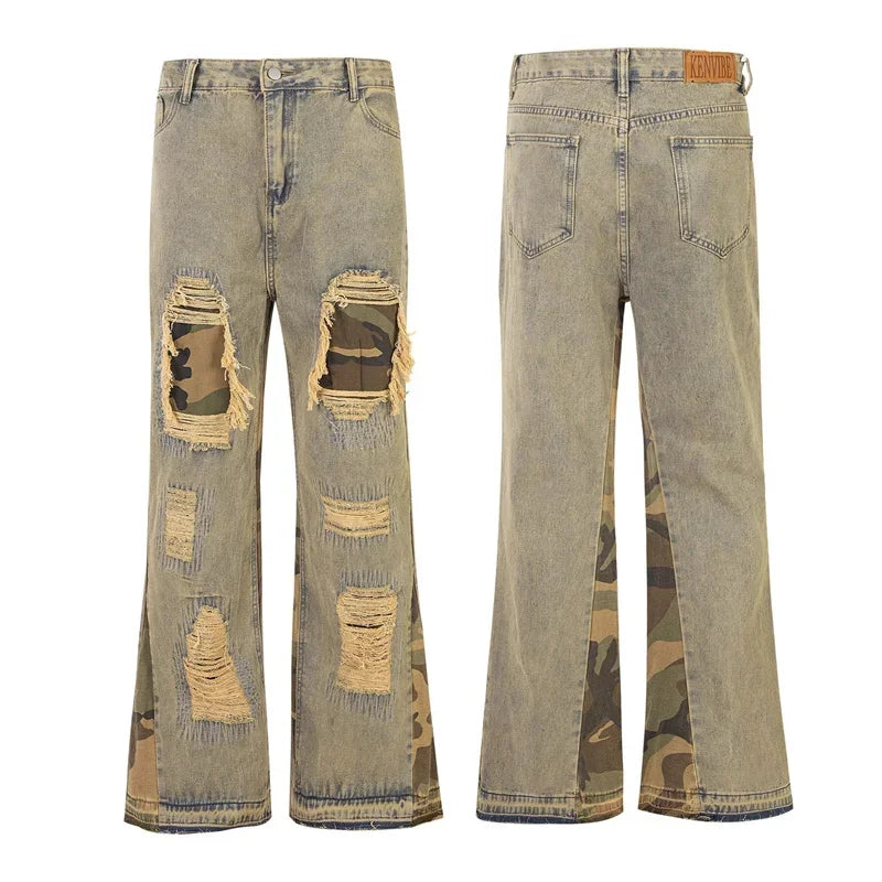 hip hop camouflage ripped patchwork denim pants for men y2k vintage streetwear wide leg jean 2025 new distressed baggy jeans denim street jeans
