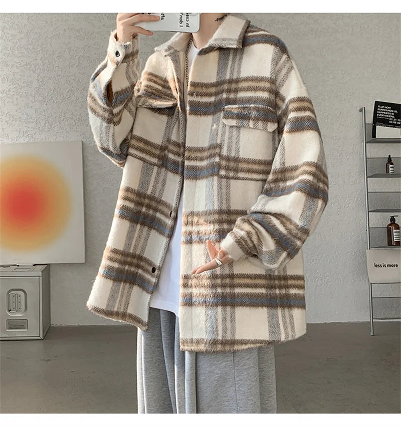 winter y2k vintage striped woolen jackets for men patchwork long sleeve plaid cardigan coats high street cargo shirt jacket unique cargo style 78