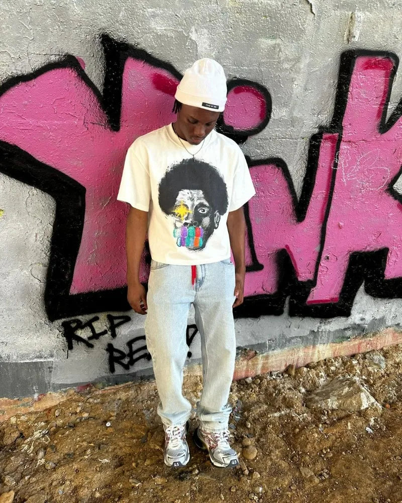 Summer American High Street Fashion Brand Round Neck Short-sleeved Y2k Harajuku Retro Anime Print Oversized Couple T-shirt Top Street King Limited