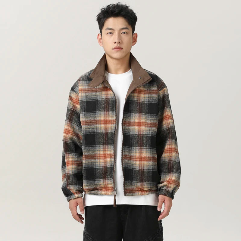 double side wearable coach jacket men streetwear fashion cleanfit splice plaid loose casual outdoor cargo jacket boyfriend coat utility cargo pants