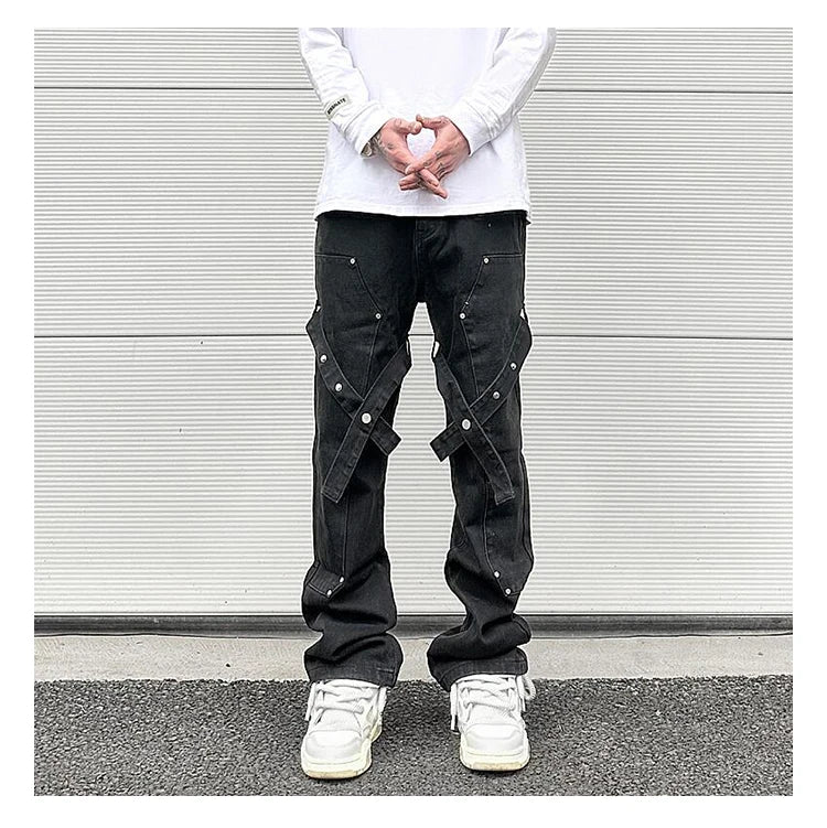 fashion knee adjust belt decoration denim jeans zipper straight jeans hip hop streetwear mens casual loose joggers jeans pants unique joggers style 1536