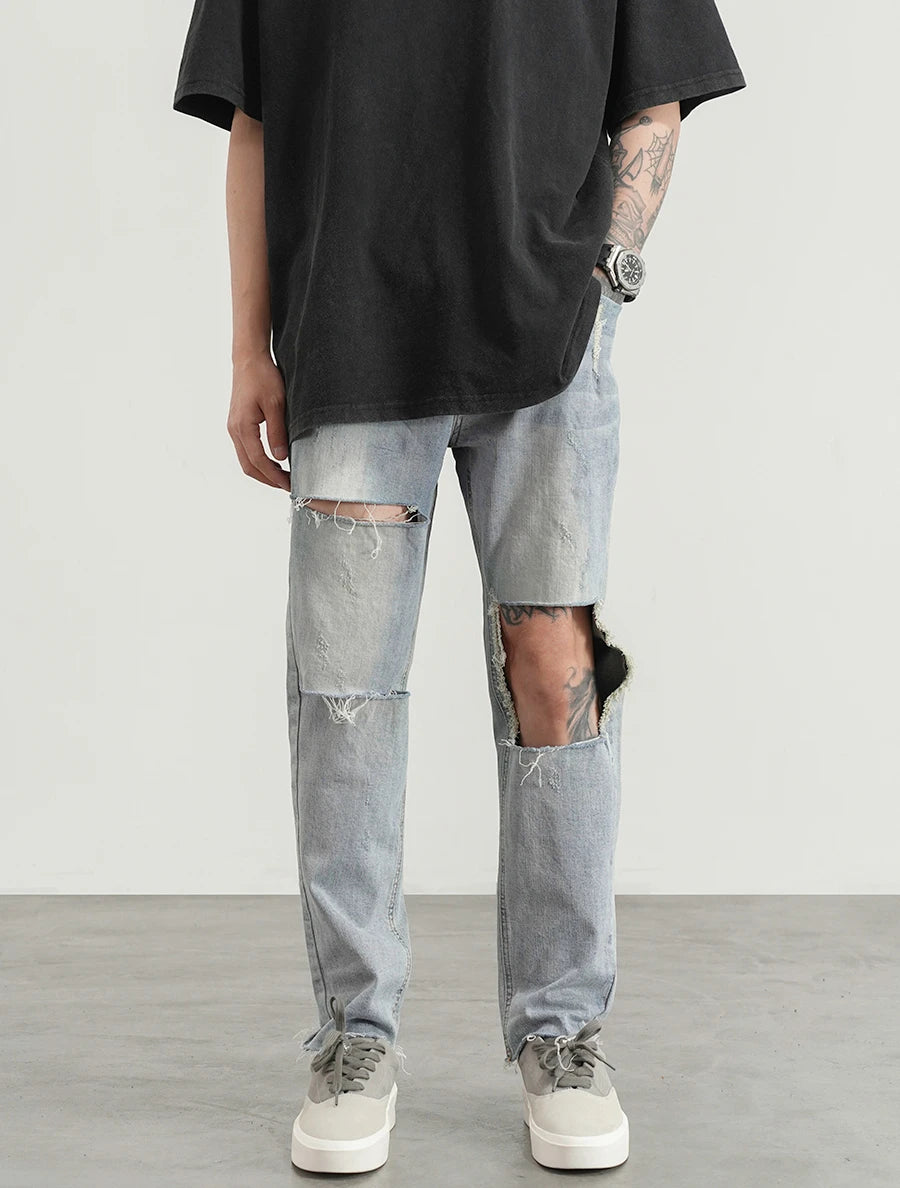 destroied big holes ripped denim jeans mens distressed biker jeans fashion high street slim straight pants streetwear joggers unique joggers style 357