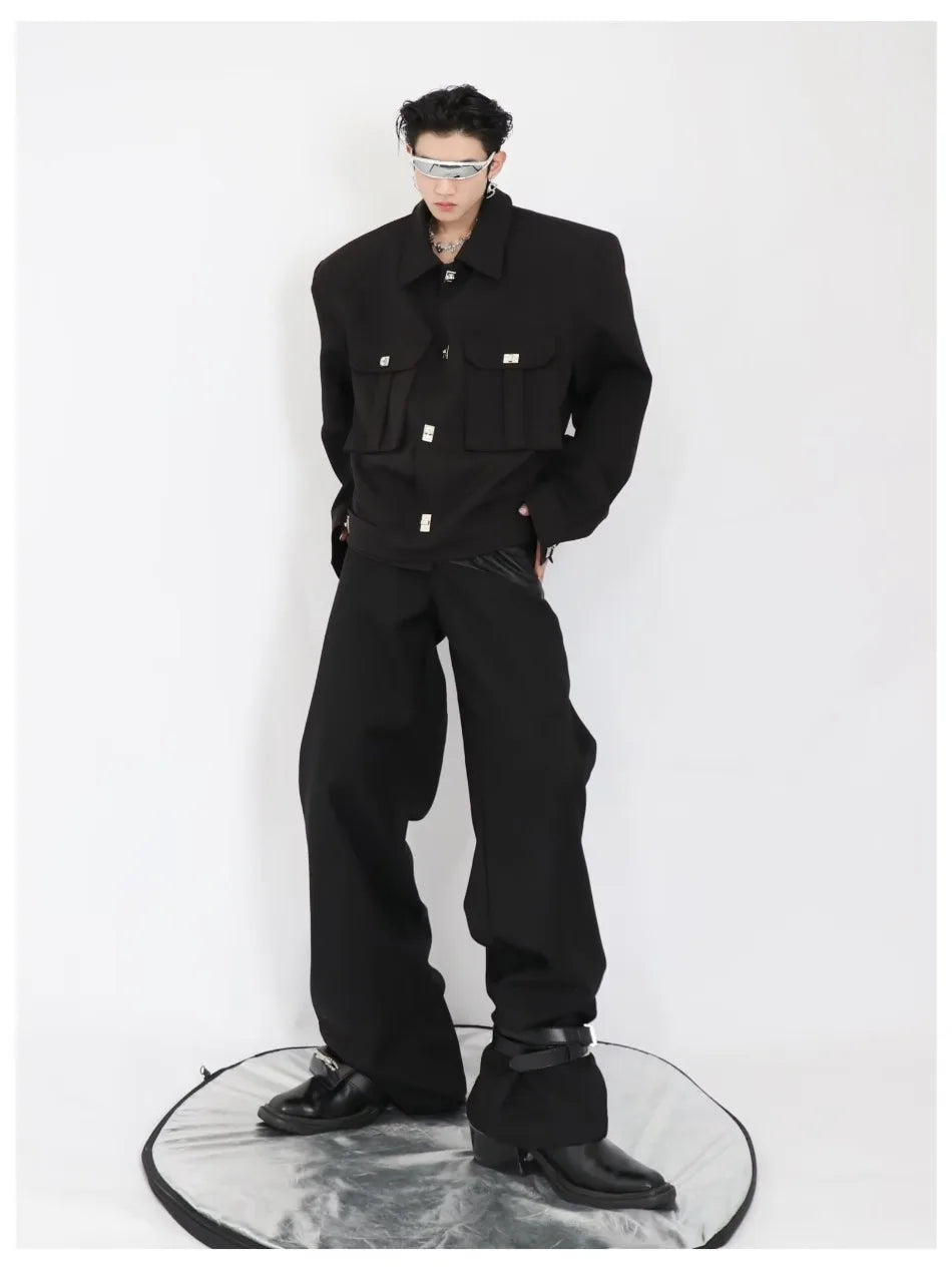 trendy high street jacket mens unisex metal button shoulder pad short coats multi pocket punk hip hop loose outwear oversized unique shorts style 3541