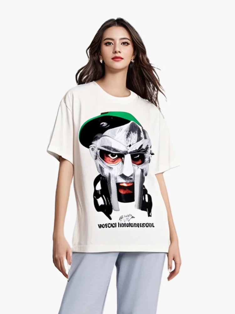 Y2k Harajuku Masked Man rapper Pattern Printed T-Shirt Mens and Womens Retro Street Casual Short Sleeved Hip Hop 2000s Tops Street King Limited