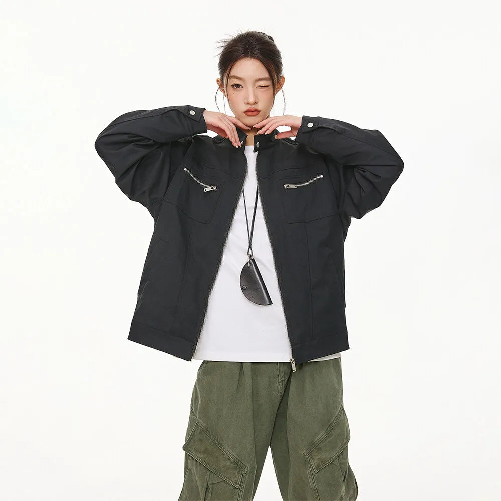 men retro casual stand collar streetwear fashion loose lightweight short motorcycle jacket women spring autumn coat outerwear relaxed fit shorts