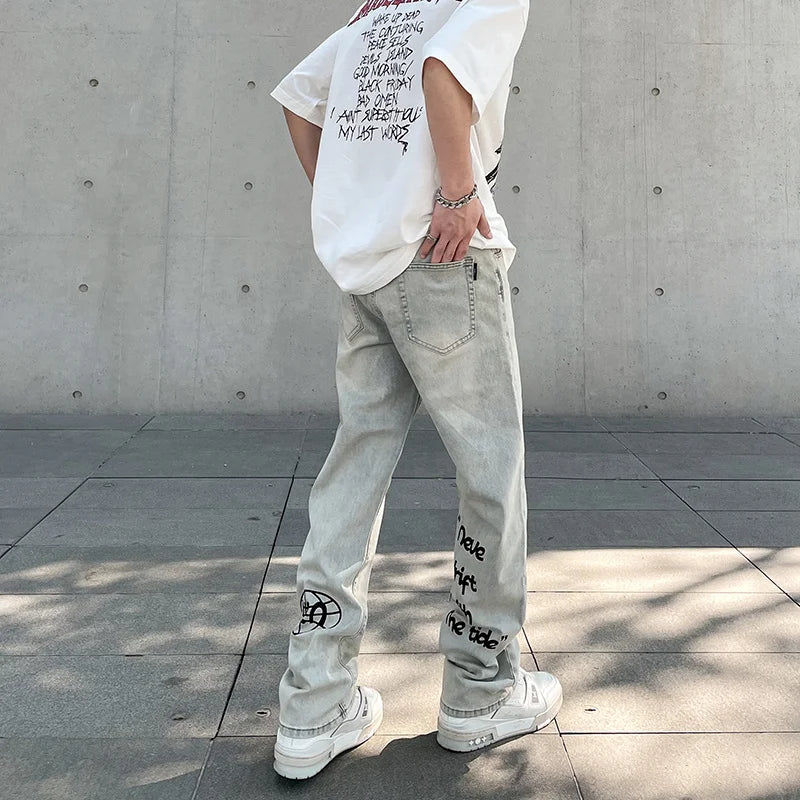 american gothic letter mens baggy jeans y2k retro harajuku straight denim trousers hip hop fashion printed jean man pants stacked flare jeans