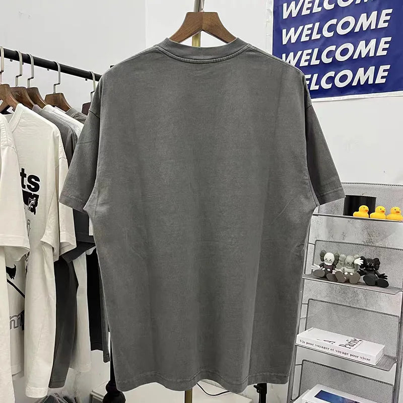 Apricot Grey Men Woman T Shirt Portrait Letter Printing Street Lovers Loose Casual Wash Retro Short Sleeve Top Tees Street King Limited