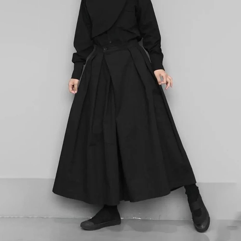 trendy gothic loose casual culottes mens japanese wide leg pants new oversize design streetwear dark black trousers male clothes minimalist street pants