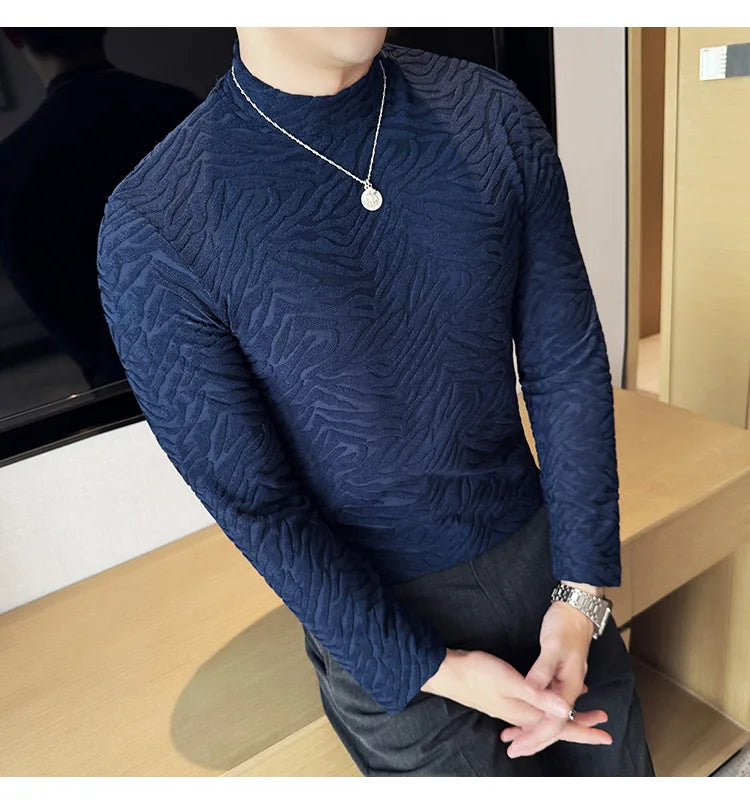 Semi-turtleneck Stretch Slim Fit T Shirt Men Long Sleeve Thicken Velvet Tiger-pattern Bottom T-shirt Business Casual Tshirt Street King Limited