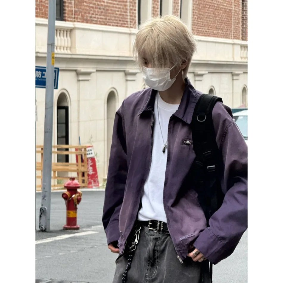y2k hip hop gradient jacket mens tooling canvas high street lapel short coats washed retro motorcycle outwear trend 2024 new unique shorts style 3797