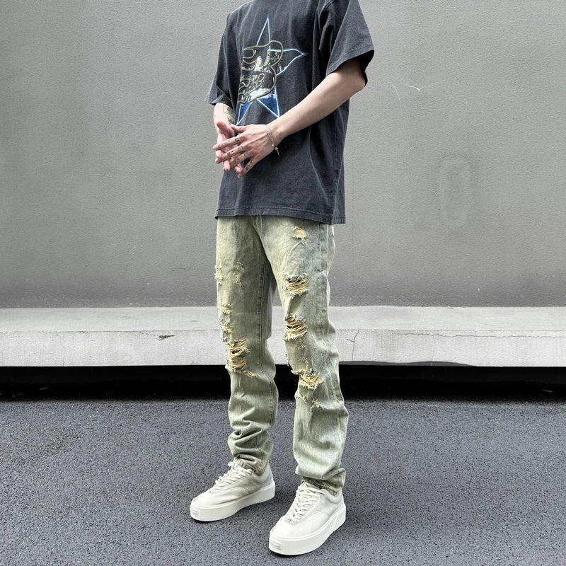 retro washed skinny jeans men pant destroyed ripped holes slim biker zipper jeans trousers fashion streetwear hip hop joggers unique joggers style 4205
