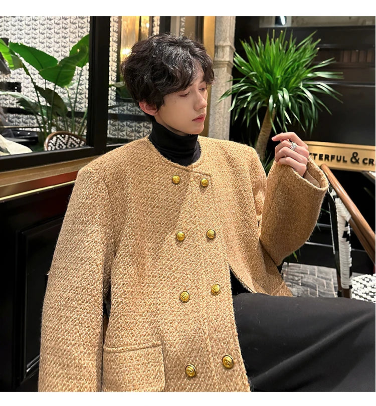 men double breasted french retro loose casual woolen short jacket man korean streetwear show fashion coat autumn outerwear unique shorts style 1310