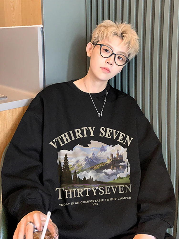 Autumn Oil Painting Landscape Print Cotton Sweatshirt Men Loose Casual Crewneck Pullover Hoodies Korean Fashion Y2K Clothing Street King Limited