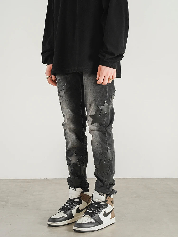 star appliques denim jeans skinny trousers slim fit men new casual biker jeans fashion streetwear hip hop trousers pants joggers unique joggers style 2548