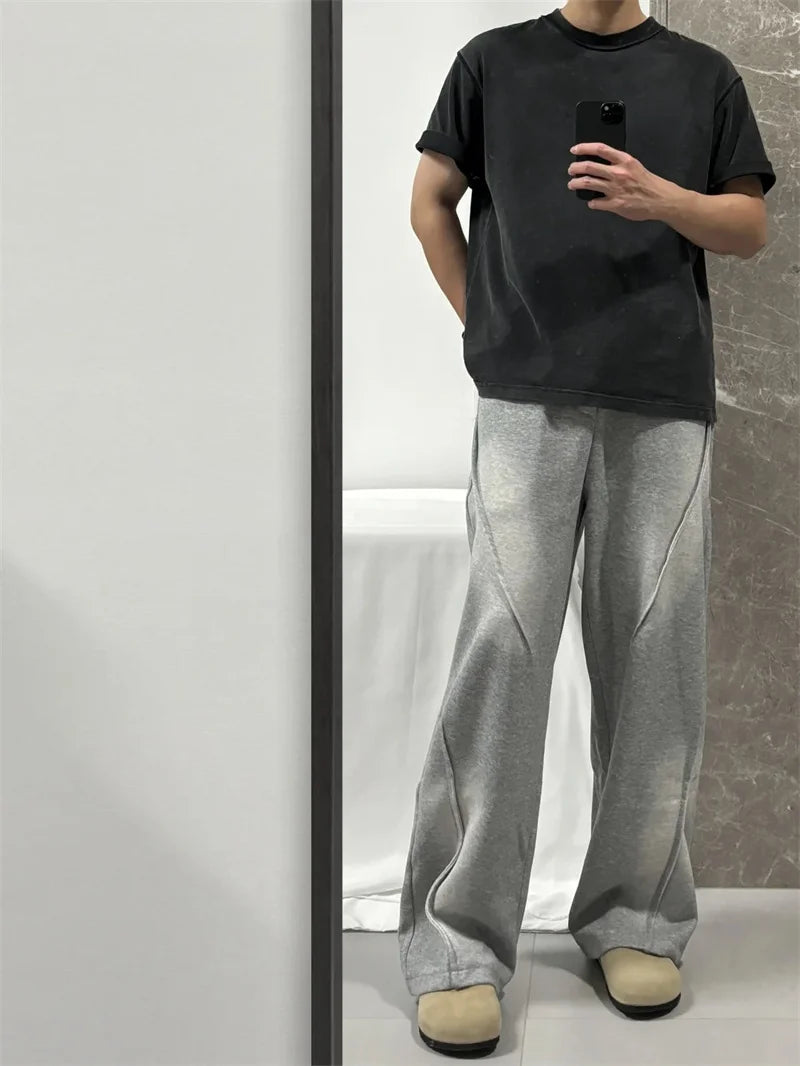 autumn mens high street pleated straight pants korean fashion elastic waist pockets trousers y2k vintage pantalones hombre unique default style 728