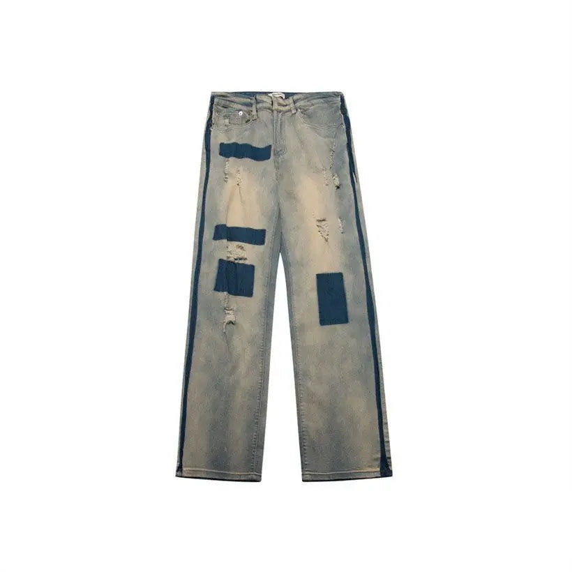 men and women trendy high street retro washed ripped color blocked jeans summer hip hop loose straight leg casual pants y2k denim street jeans