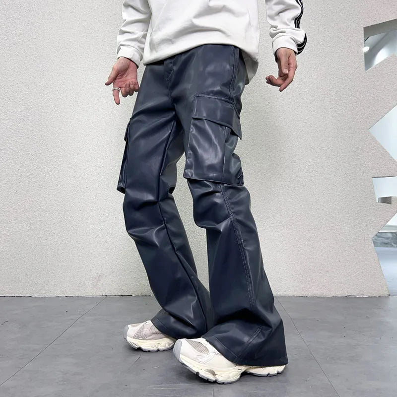 pu leather pants mens streetwear fashion hip hop vibe casual faux leather cargo flared pant men motorcycle trousers unique cargo style 2931