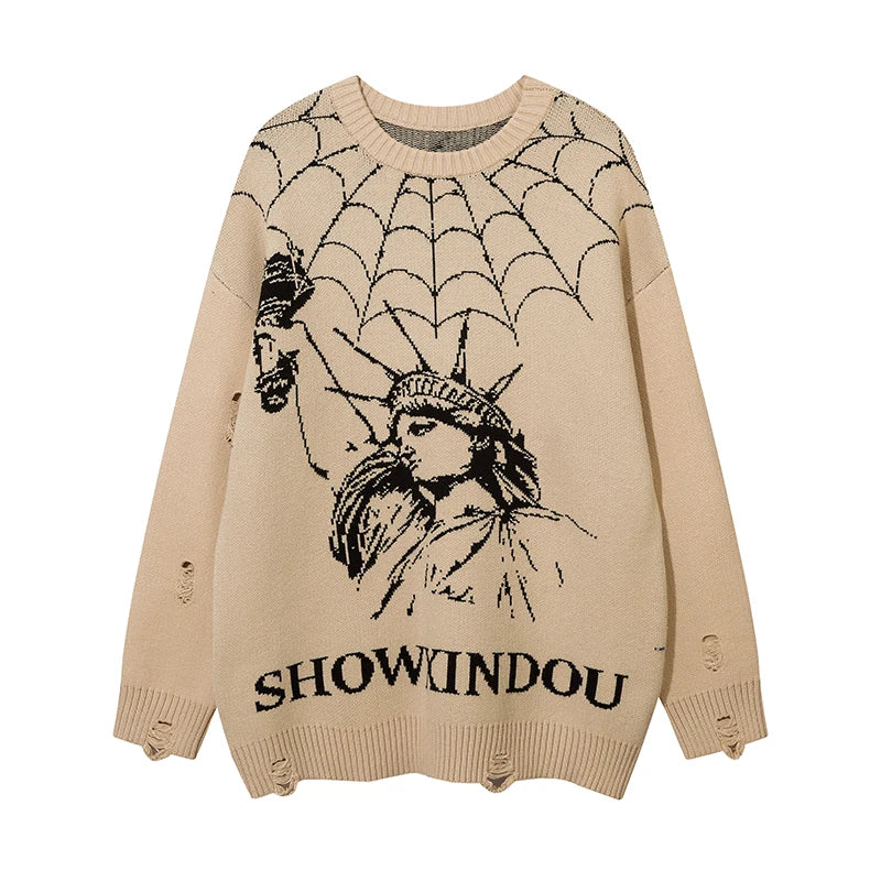 Hip Hop Knitted Sweater Mens Winter O-neck Harajuku Pattern Pullover Streetwear Casual Loose Pullover Sweaters Jumper Knitwear Street King Limited