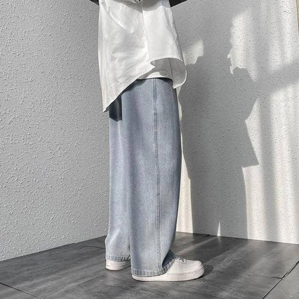 korean mens casual long jeans loose retro straight baggy pants denim wide leg pants light blue grey black retro washed jeans unique jeans style 1236