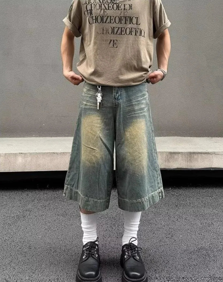Summer Trend Denim Cropped Trousers Mens American Hip Hop Washed Wide Leg Shorts Unisex High Street Straight Cowboy Mid Pants Street King Limited