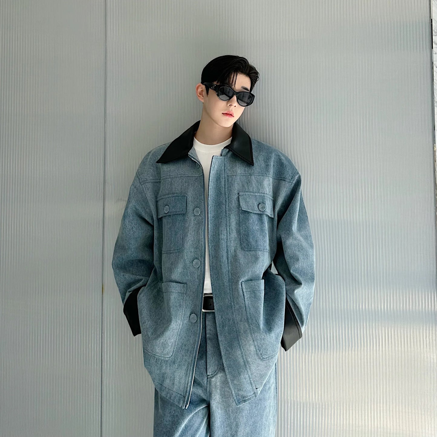 fashion show suits men streetwear washed denim splice loose casual jacket wide leg jeans pants 2 piece sets coat trousers suits unique jeans style 2623