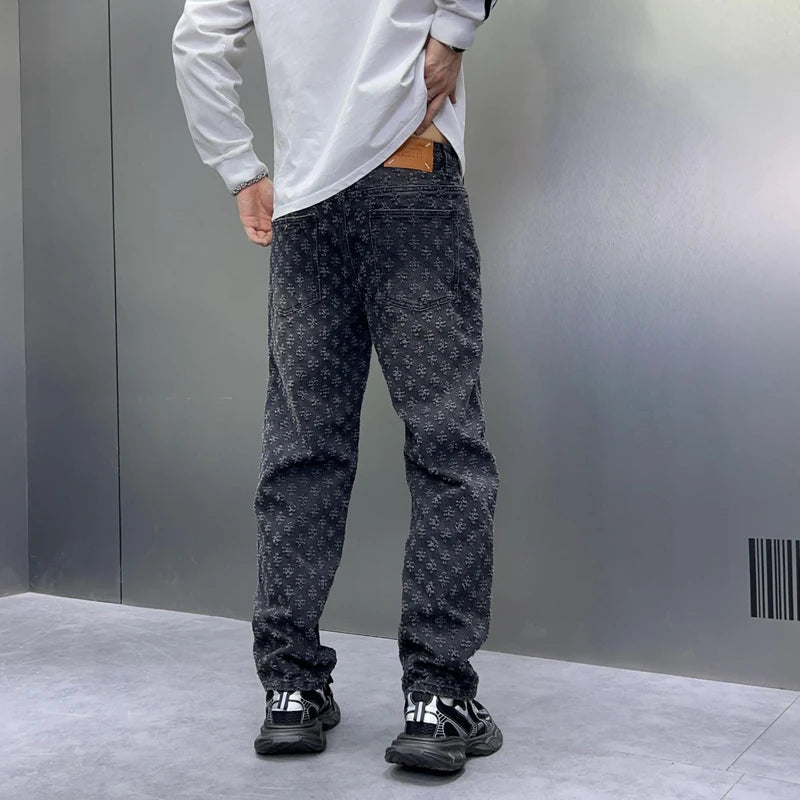 Men Wide Leg Denim Pants High Street American Retro Jacquard Loose Straight Jeans Y2K Fashion Streetwear Baggy Trousers Street King Limited