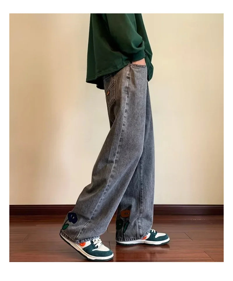 new mens y2k flower printed baggy jeans 2025 streetwear american casual denim wide leg pants hombre vintage straight trousers unique jeans style 667
