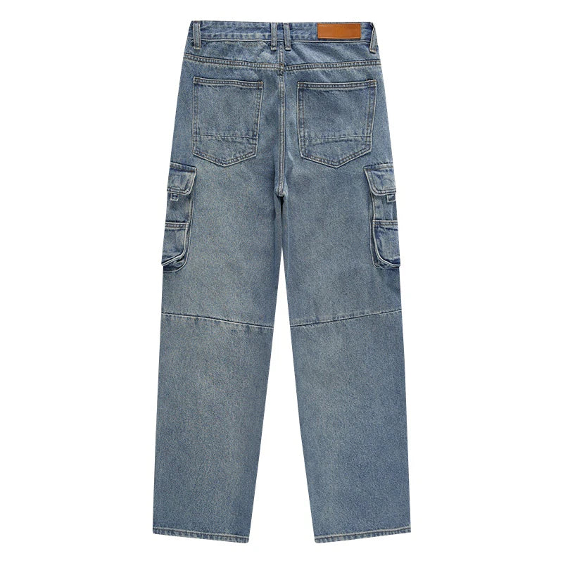 mens baggy jeans side big pocket distressed ripped denim jean straight pants high street cargo jean pants hip hop joggers jeans unique joggers style 1987