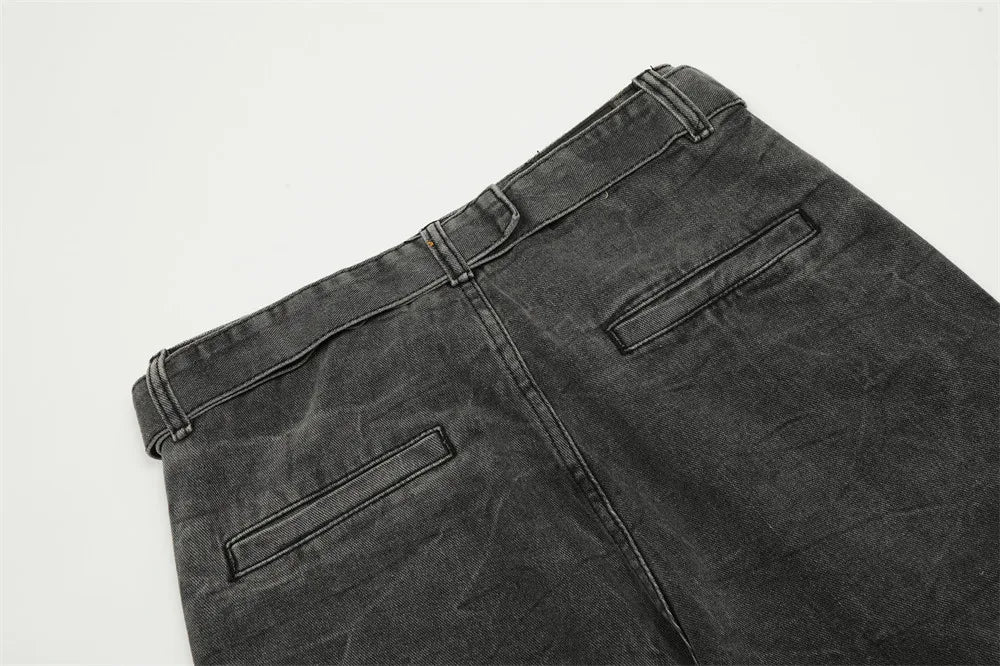 american high street vibe fashion splice jeans mens belt loose casual vintage wide leg straight denim baggy jeans pants trouser unique jeans style 1379