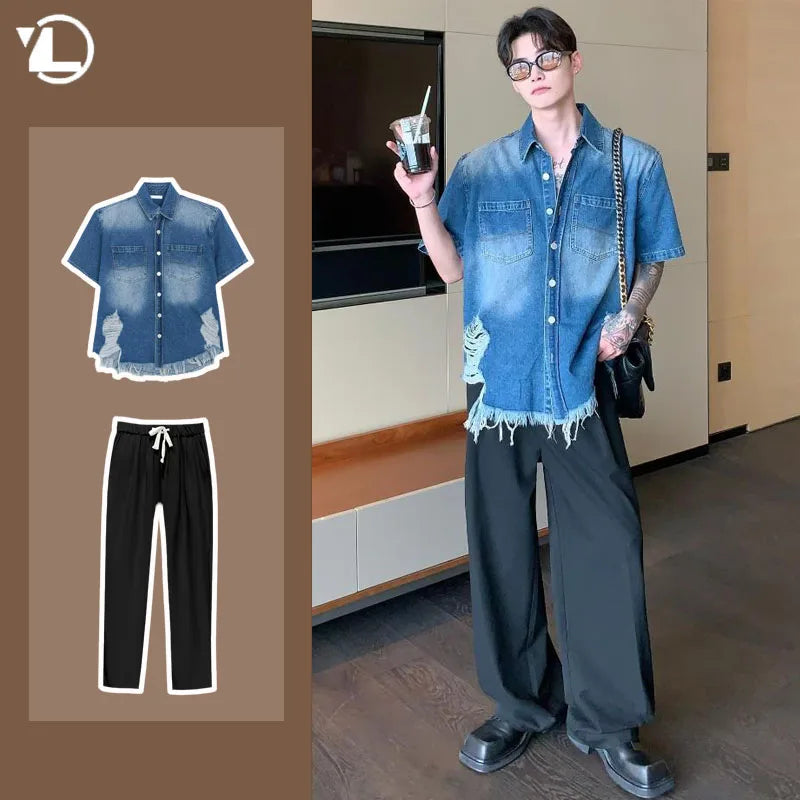 summer trend mens set shoulder padded short sleeved denim shirt quick drying casual pants 2 pcs set american retro street suit unique jeans style 3905