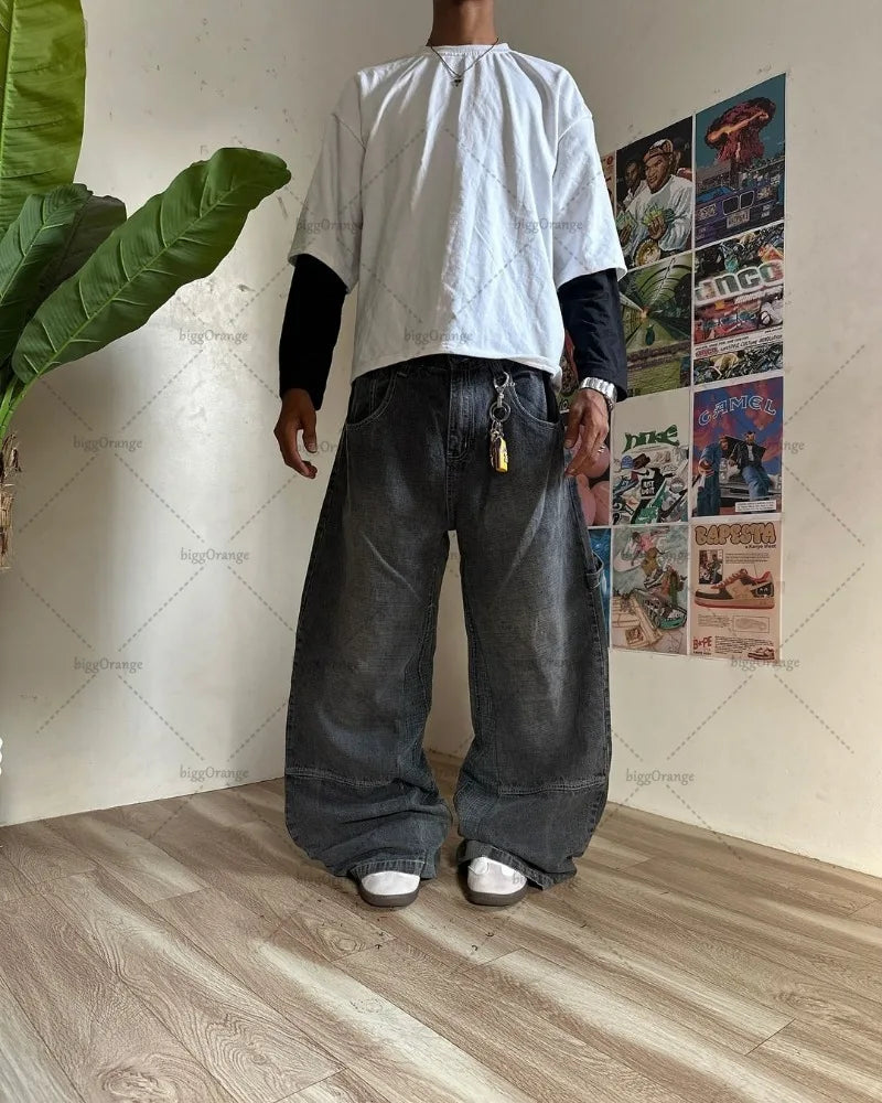 Y2K Harajuku Retro Washed Baggy Jeans Street Hip-hop Anime Printed Wide Pattern Straight Pants Men Trendy Brand Casual Trousers Street King Limited