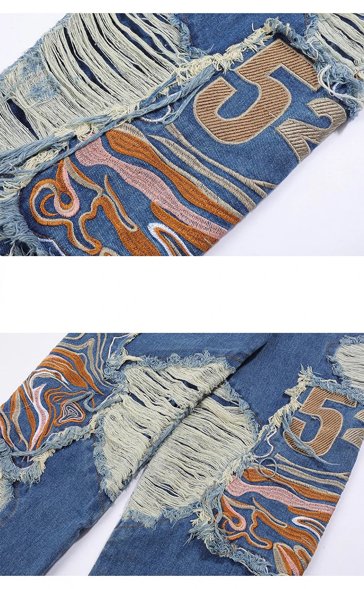fashion embroidery destroyed ripped tassel holes denim jean pants mens casual loose straight jeans hip hop streetwear joggers unique joggers style 3343