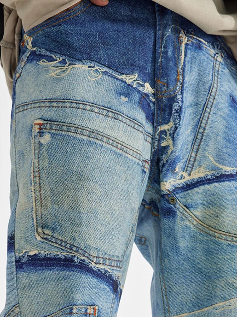fashion fake patchwork printed denim jeans mens new casual zipper straight loose jeans streetwear hip hop baggy pants joggers unique joggers style 1404