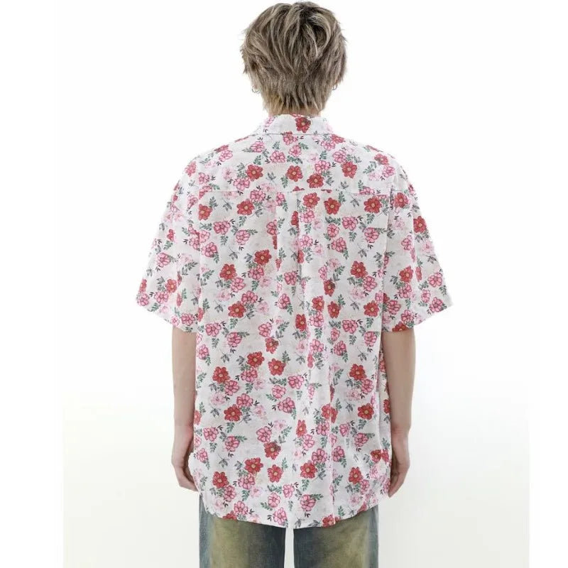 summer harajuku set mens flower print casual short sleeved top gradient straight leg jeans 2 pcs set high street trendy suit unique jeans style 4237