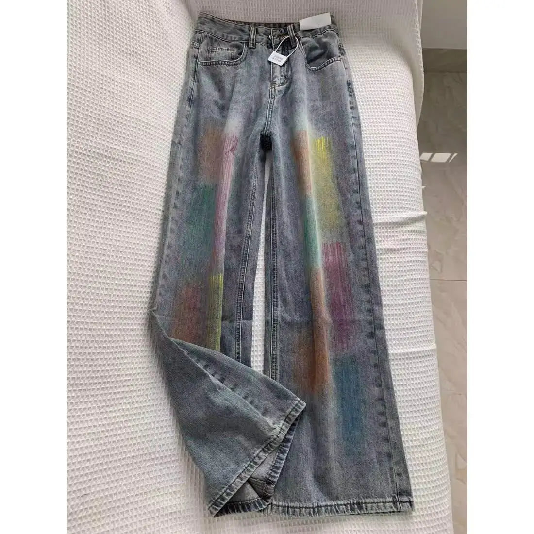 american retro personalized trend color gradient jeans for men and women new washed straight leg micro flared casual pants y2k unique jeans style 645