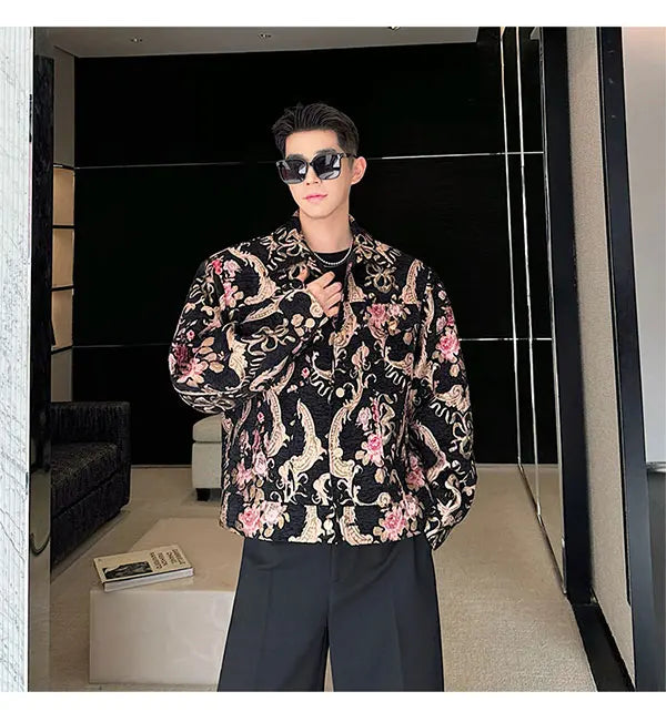 men palace style retro jacquard flower fashion show loose jacket man party dress vintage coat costumes spring autumn clothes unique default style 1240