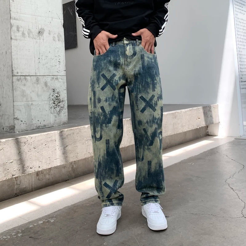 men loose casual american high street hip hop vibe printed denim baggy jeans pants man streetwear ripped jeans trousers urban skinny jeans