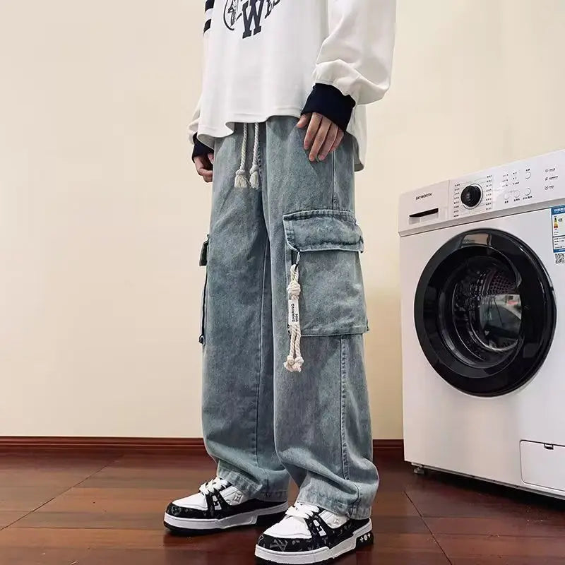 american retro and personalized straight leg jeans for men and women with hiphop big pocket design work pants loose casual pants denim street jeans