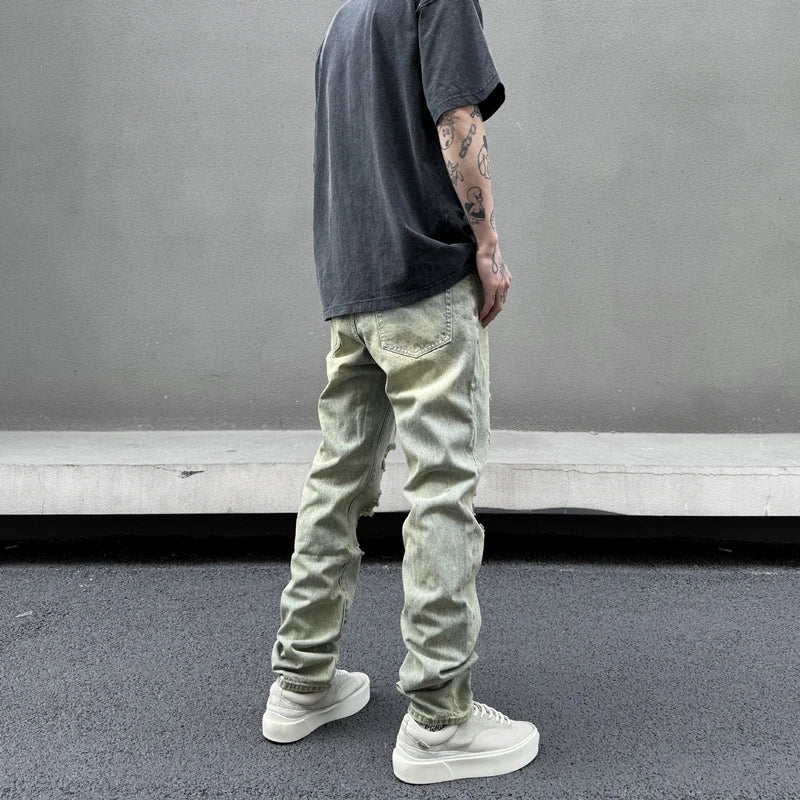retro washed skinny jeans men pant destroyed ripped holes slim biker zipper jeans trousers fashion streetwear hip hop joggers unique joggers style 4201