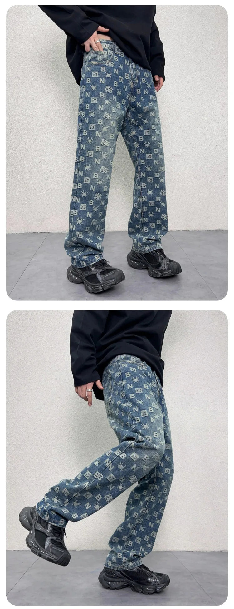 men jacquard streetwear hip hop vibe casual straight denim jeans pants boyfriend high street ripped jeans trousers unique jeans style 3012