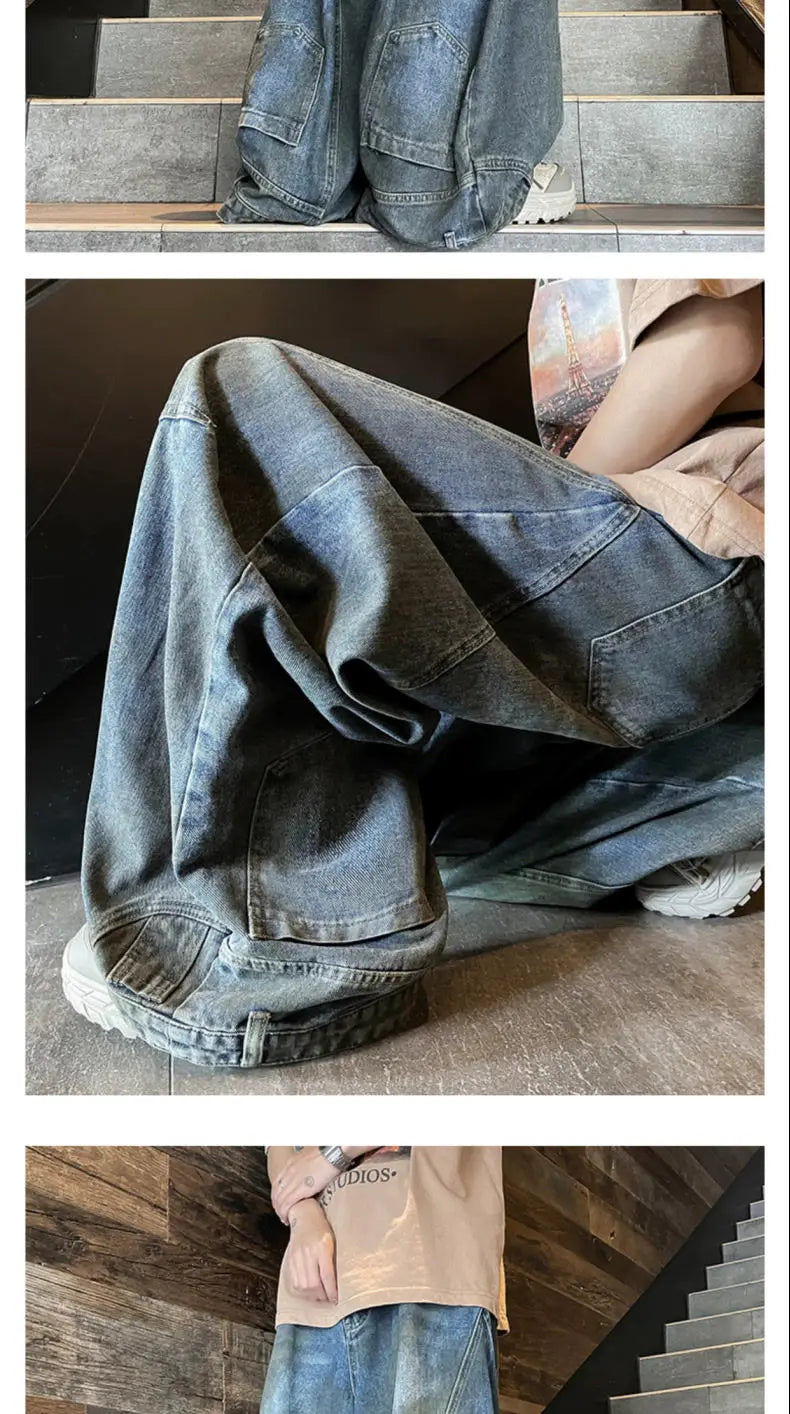 american style dirty and torn hole design straight leg wide leg jeans for men and women high street loose street casual pants unique jeans style 655