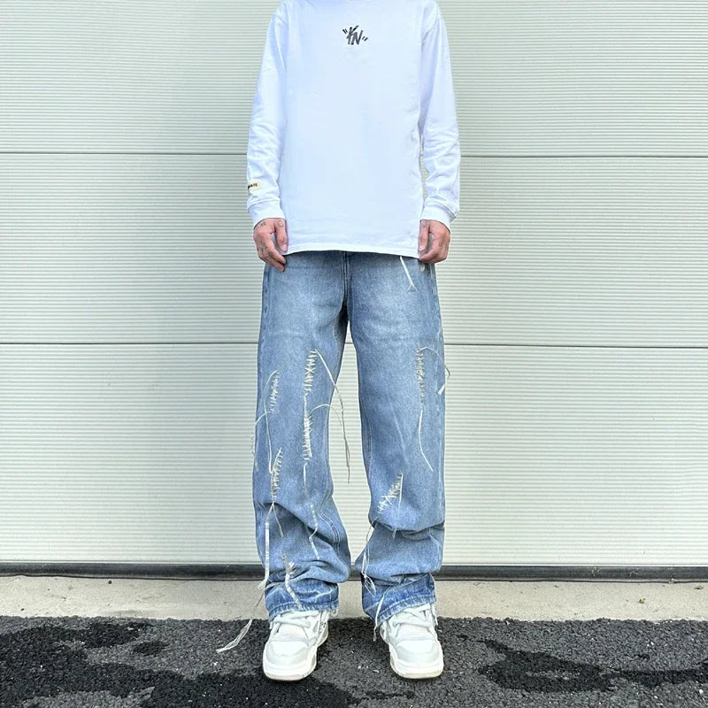 fashion loose streetwear denim jeans new casual wide legs straight jean pants hip hop tassel joggers baggy jeans men clothing urban active pants